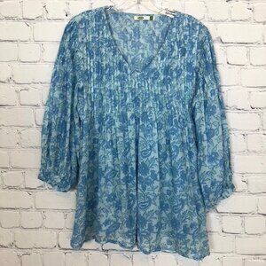 Dolma Blue Floral Alya Top Size S Pintuck 100% Cotton